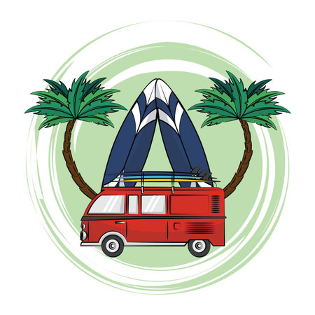 summer vintage car with surf table in the beach cartoons vector illustration graphic designのイラスト素材