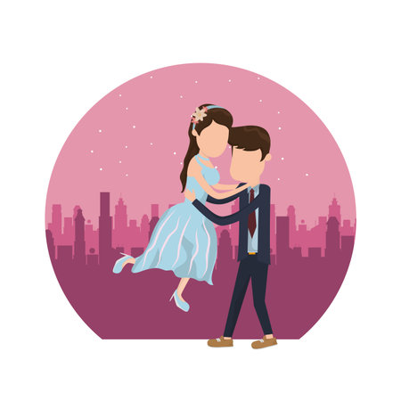 wedding couple dancing with purple city background cartoon vector illustration graphic designのイラスト素材