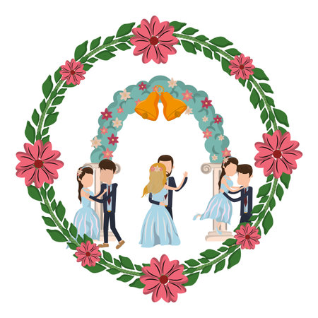 wedding couple dancing with flowers round icon cartoon vector illustration graphic designのイラスト素材
