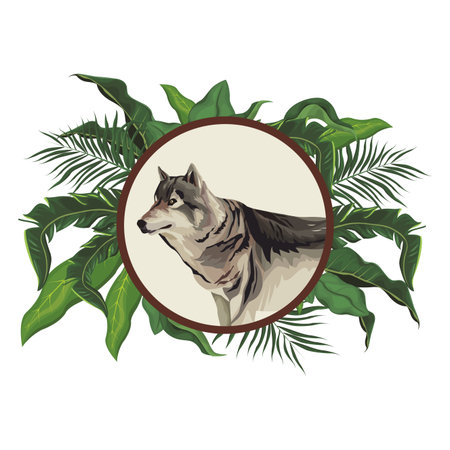 Wolf wild animal round icon with leaves around vector illustration graphic designのイラスト素材