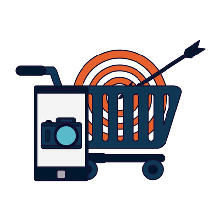 Shopping cart with target and camera on smartphone screen vector illustration graphic designのイラスト素材