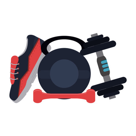 Gym kettebell dumbbells and sneaker equipment and elements vector illustration graphic designのイラスト素材