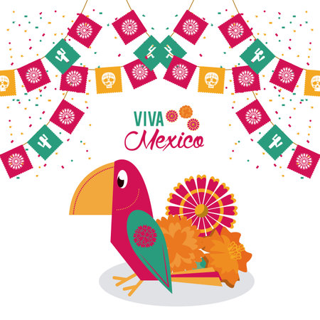 mexican huipil bird with pennants viva mexico vector illustration graphic designのイラスト素材