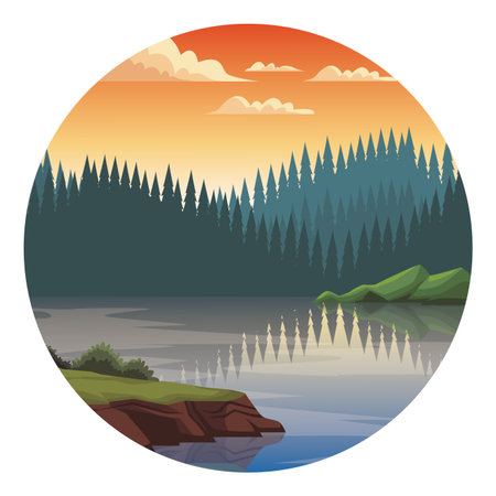 Beautiful landscape scenery with river and mountains round icon vector illustration graphic designのイラスト素材