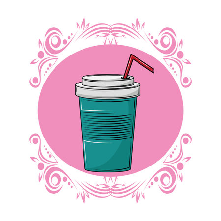 Soda cup with straw pink vintage round frame vector illustration graphic designのイラスト素材