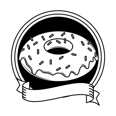 Donut dessert cartoons round frame with blank ribbon banner vector illustration graphic designのイラスト素材