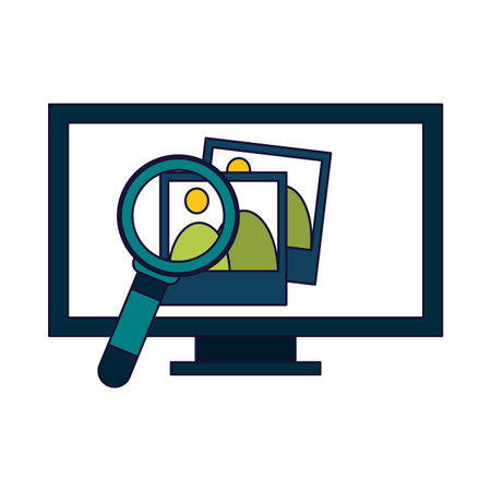 computer with photos and magnifying glass vector illustration graphic designのイラスト素材