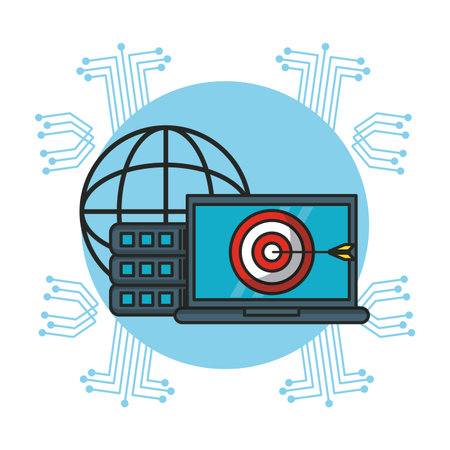 Laptop with target and global sphere over digital round emblem vector illustration graphic designのイラスト素材