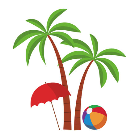 beach palms with ball and umbrella cartoons isolated vector illustration graphic designのイラスト素材