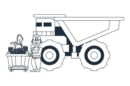 Mining worker with big truck in black and white vector illustration graphic designのイラスト素材