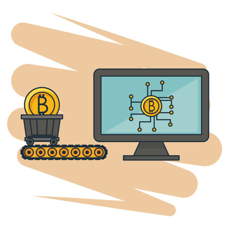 Bitcoin mining from computer and cart wagon over grunge background vector illustration graphic designのイラスト素材