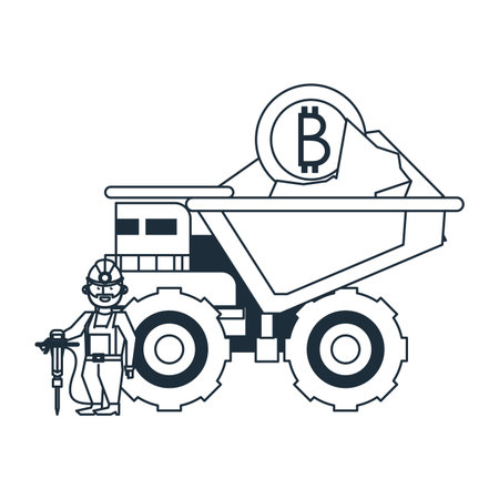 Bitcoin mining truck and worker with drill vector illustration graphic designのイラスト素材