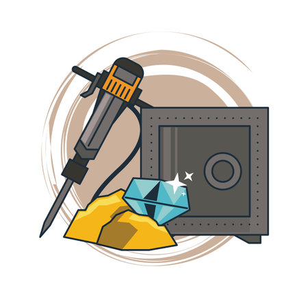 Diamond mining with strongbox and drill over round icon vector illustration graphic designのイラスト素材