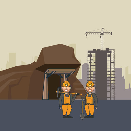 Mining cave and workers with tools over construction zone vector illustration graphic designのイラスト素材