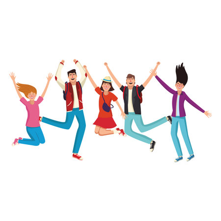 Young and happy student friends jumping cartoons vector illustration graphic designのイラスト素材