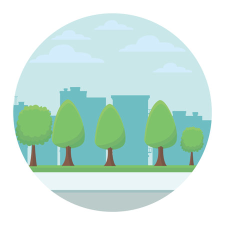 Park with trees nature over cityscape scenery round icon vector illustration graphic designのイラスト素材