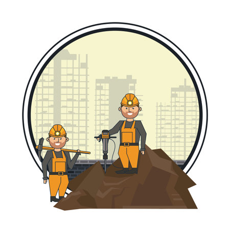 Mining workers with drill and pick over cityscape round icon vector illustration graphic designのイラスト素材