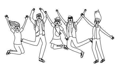Young and happy student friends jumping cartoons black and white black and white vector illustration graphic designのイラスト素材