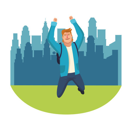 Happy and young man jumping with backpack over cityscape scenery vector illustration graphic designのイラスト素材
