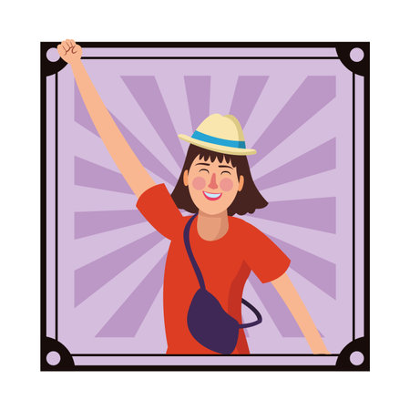 Happy and young woman with arms up cartoon over striped and vintage frame vector illustration graphic designのイラスト素材