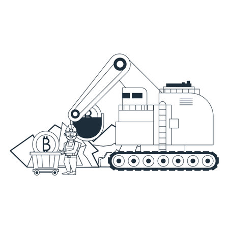 Bitcoin mining and investment worker and machinery vehicle vector illustration graphic designのイラスト素材