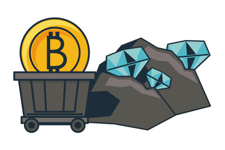Bitcoin mining and investment diamonds with cart wagon vector illustration graphic designのイラスト素材