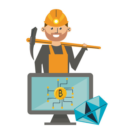 Bitcoin mining and investment worker and computer with diamond vector illustration graphic designのイラスト素材