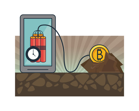 Bitcoin mining and investment smartphone and tnt detonator vector illustration graphic designのイラスト素材