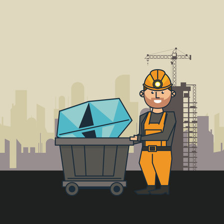 Mining worker pushing cart with diamond on mine zone scenery vector illustration graphic designのイラスト素材