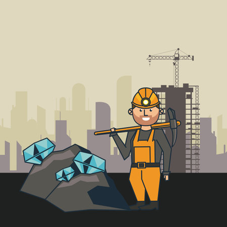 Mining worker with pick and diamonds mine on mine zone scenery vector illustration graphic designのイラスト素材