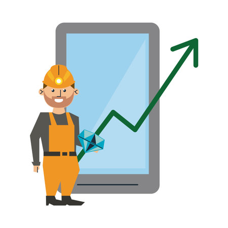 Bitcoin mining and investment worker and smartphone with diamond vector illustration graphic designのイラスト素材