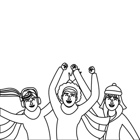 Happy friends in winter clothes in black and white vector illustration graphic designのイラスト素材