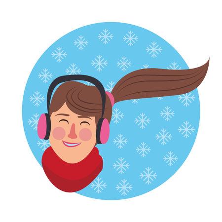 woman face smiling with scarf and earphones on snowflakes round icon vector illustration graphic designのイラスト素材