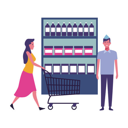 woman pushing shopping cart by supermarket shelf vector illustration graphic designのイラスト素材