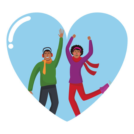 Happy people jumping in winter clothes  vector illustration graphic designのイラスト素材