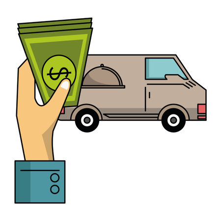 food online delivery vehicle and hand with money vector illustration graphic designのイラスト素材