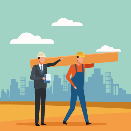 Construction worker and architect teamwork avatar vector illustration graphic designのイラスト素材