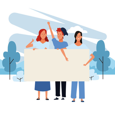 people with posters trio with parkscape in brushprint vector illustration graphic designのイラスト素材