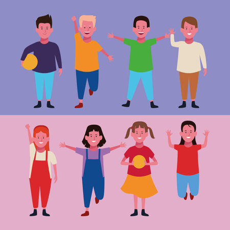 set of children having fun groups with colorful background vector illustration graphic designのイラスト素材