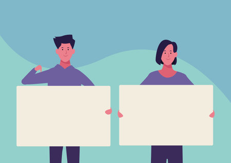 people with posters a couple with colorful background vector illustration graphic designのイラスト素材