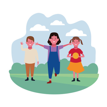 children having fun with garden landscape vector illustration graphic designのイラスト素材