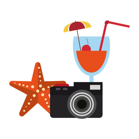 Travel and summer camera and sea star with cocktail elementsのイラスト素材