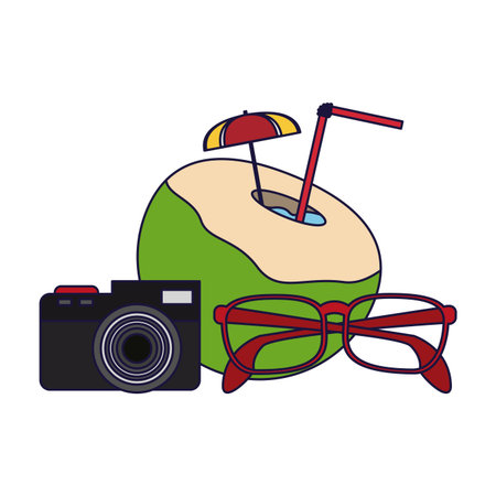 Travel and summer camera and cocktail with glasses elements vector illustration graphic designのイラスト素材