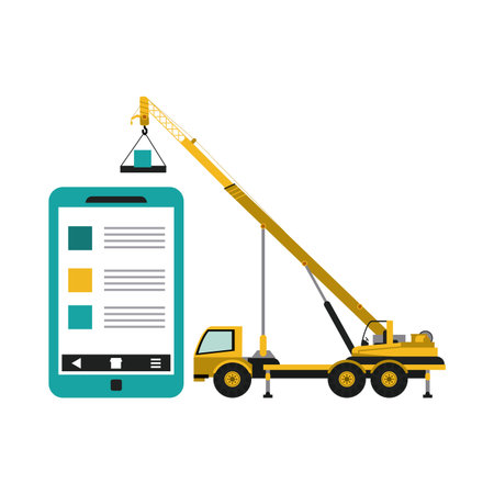 Website under construction smartphone and crane truck vector illustration graphic designのイラスト素材