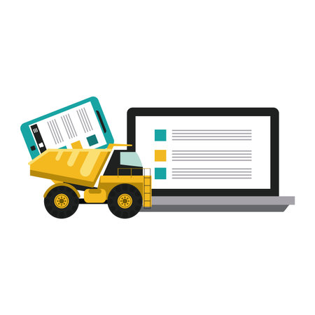 Website under construction laptop and big truck with smartphone vector illustration graphic designのイラスト素材