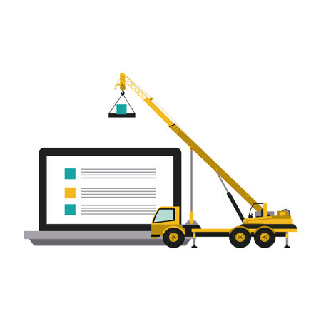 Website under construction laptop and truck crane vector illustration graphic designのイラスト素材