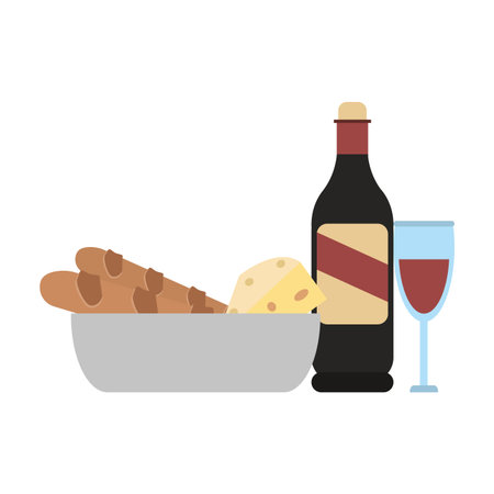 Wine bottle and cup with bread and cheese vector illustration graphic designのイラスト素材
