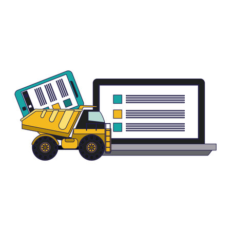 Website under construction laptop and big truck with smartphone vector illustration graphic designのイラスト素材