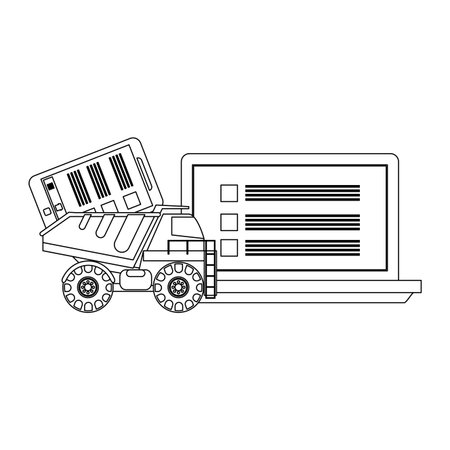 Website under construction laptop and big truck with smartphone vector illustration graphic designのイラスト素材