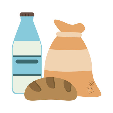 healthy food milk bottle and wheat bag with bread vector illustration graphic designのイラスト素材